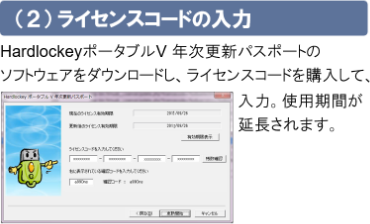 （2）ライセンスコードの入力 HardlockeyポータブルV 年次更新パスポートのソフトウェアをダウンロードし、ライセンスコードを購入して、入力。使用期間が延長されます。