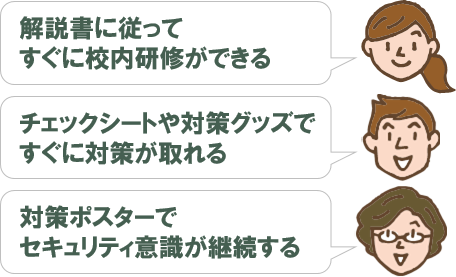 解説書に従ってすぐに校内研修ができる チェックシートや対策グッズですぐに対策が取れる 対策ポスターでセキュリティ意識が継続する