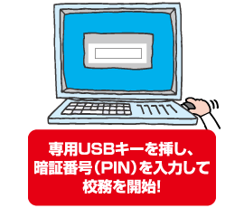 専用USBキーを挿し、暗証番号(PIN)を入力して校務を開始!
