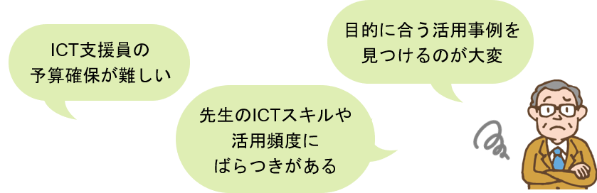 ICT支援員の予算確保が難しい、先生のICTスキルや活用頻度にばらつきがある、目的に合う活用事例を見つけるのが大変